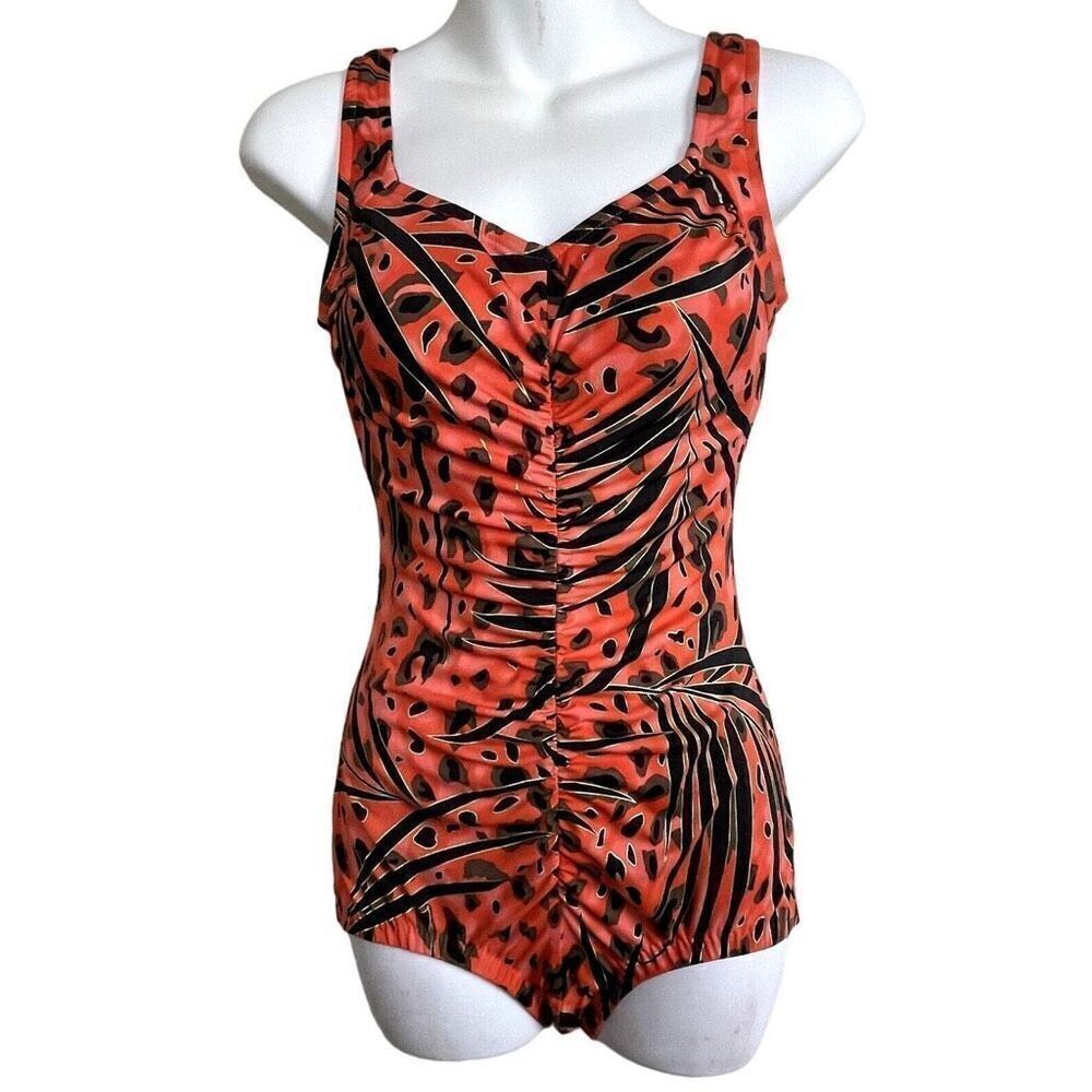 Maxine Sz 16 Gathered Front One Piece Swimsuit Red Orange Animal Print Shapewear